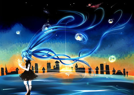 Обои на рабочий стол Vocaloid Hatsune Miku / Вокалоид Хатсуне Мику с фонариком в руках стоит в воде