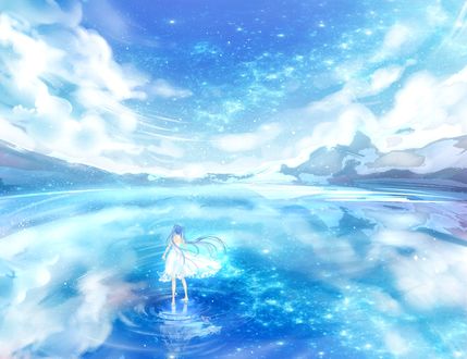 Обои на рабочий стол Vocaloid Hatsune Miku / Вокалоид Хатсуне Мику стоит в воде на фоне звездного неба