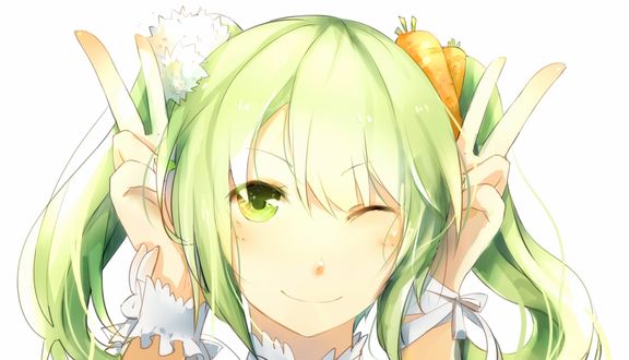 Обои на рабочий стол Vocaloid Hatsune Miku / Вокалоид Хатсуне Мику подмигивает, подняв руки вверх