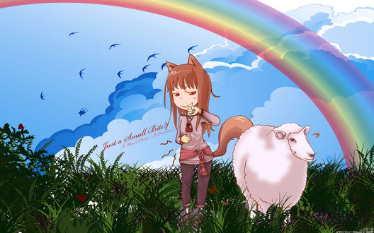 Обои на рабочий стол Horo / Хоро из аниме Spice and Wolf / Волчица и пряности плотоядно улыбается, смотря на овцу стоящую рядом (Just a Small Bite? It Wont Hurt. I Promise.)