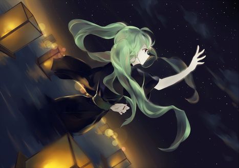Обои на рабочий стол Vocaloid Hatsune Miku / Вокалоид Хатсуне Мику тянет руку к небу, стоя в воде, в которой плавают фонарики