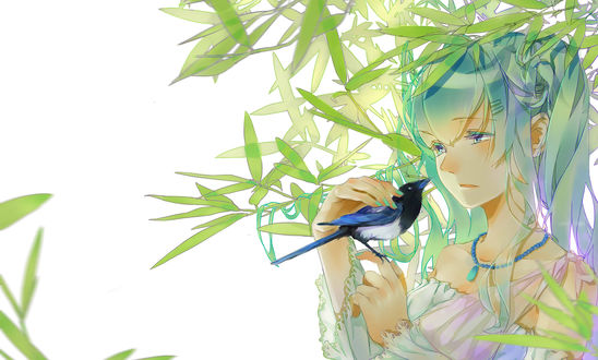 Обои на рабочий стол Vocaloid Hatsune Miku / Вокалоид Хатсуне Мику гладит птицу, сидящую у нее на руке