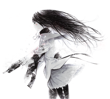 Обои на рабочий стол Homura Akemi / Хомура Акэми из аниме Mahou Shoujo Madoka Magika / Девочка-волшебница Мадока с оружием в руке, art by sawasawa
