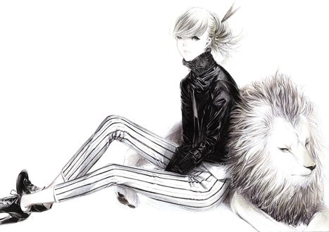 Обои на рабочий стол Девушка сидит рядом со львом, art by sawasawa