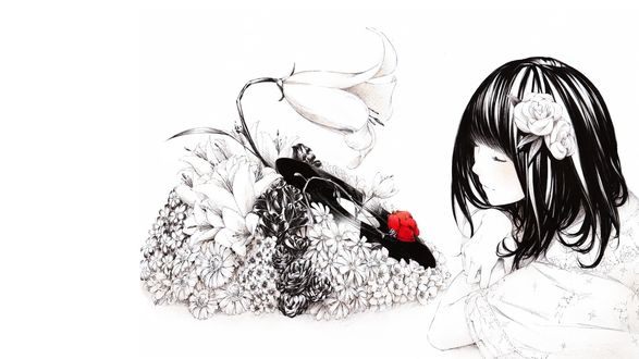 Обои на рабочий стол Девушка и грампластинка, украшенная цветами, art by sawasawa