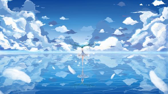 Обои на рабочий стол Vocaloid Hatsune Miku / Вокалоид Хатсуне Мику идет по воде