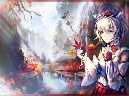 Обои на рабочий стол Inubashiri Momiji / Момидзи Инубашири и Ая Шамеймару / Aya Shameimaru из Тохо / Touhou Project