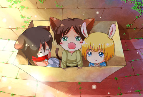 Обои на рабочий стол Chibi / Чиби Armin Arlert / Армин Арлерт, Eren Jaeger / Эрен Йегер и Mikasa Ackerman / Микаса Аккерман из аниме Атака Титана / Attack on Titan / Shingeki no Kyojin со звериными ушками сидят в коробке