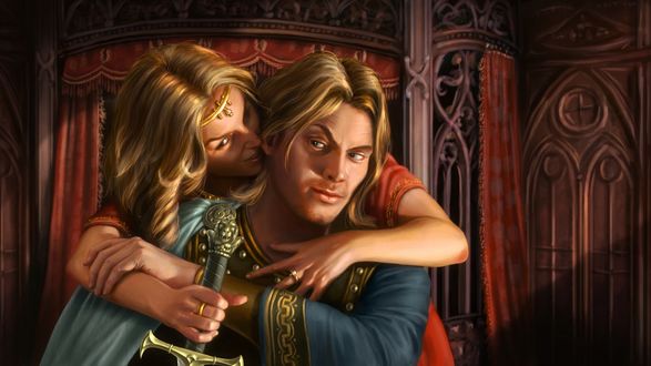 Обои на рабочий стол Арт по саге Песнь Льда и Пламени / A Song of Ice and Fire Серсея / Cersei обнимает Джейме / Jaime