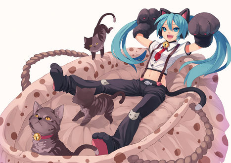 Обои на рабочий стол Vocaloid Miku Hatsune / Вокалоид Мику Хатсуне и три котенка