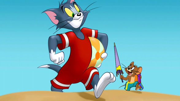 Обои на рабочий стол Кот Том / Tom с мышонком Джерри / Jerry идут на пляж фрагмент из мультика Том и Джерри / Tom and Jerry