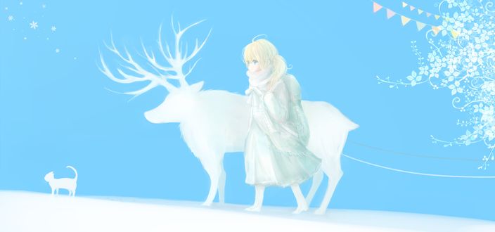 Обои на рабочий стол Девочка, олень и кошка идут по снегу, художник Milkuro