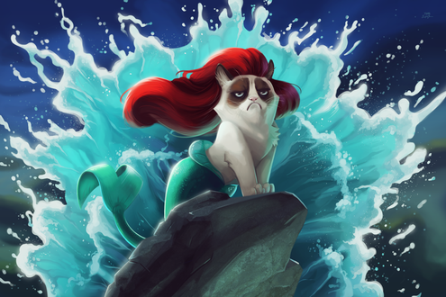 Обои на рабочий стол Грустная кошка / Grumpy cat в роли русалочки, стоит на скалах на фоне бьющихся морских волн, художница tsaoshin