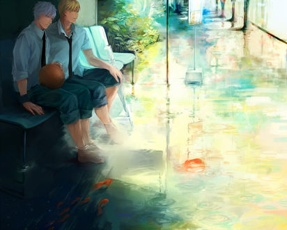 Обои на рабочий стол Кисе Рета / Kise Ryouta и Тэцуя Куроко / Kuroko Tetsuya из аниме Kuroko no Basuke / Баскетбол Куроко