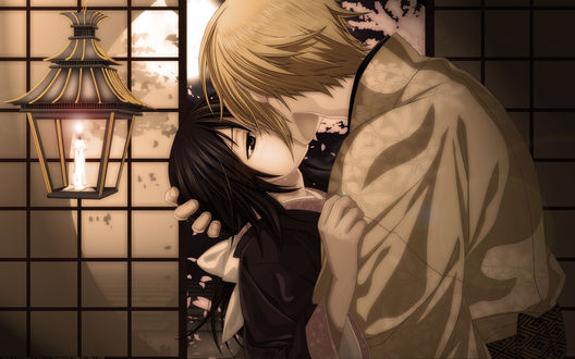 Обои на рабочий стол Шикаге Казама / Chikage Kazama и Тидзуру Юкимура / Tidzuru Yukimura из аниме Сказание о Демонах бледно-розовой сакуры / Hakuouki / Hakuoki Shinsengumi Kitan