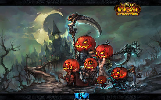 Обои на рабочий стол Разные герои игры World Of Warcraft:cataclysm со светильниками Джека / Jack Light на головах во время празднования Хэллоуина / Halloween (Blizzard)