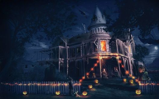 Обои на рабочий стол Старый дом в паутине украшен светильниками Джека / Jack Light в Хэллоуин / Halloween