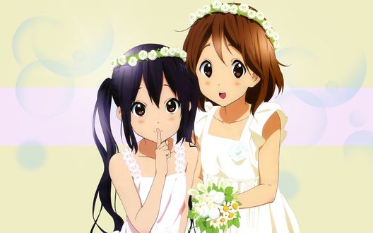Обои на рабочий стол Юи Хирасава / Yui Hirasawa и Азуса Накано / Nakano Azusa из аниме Клуб легкой музыки / K-ON