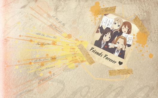Обои на рабочий стол Akiyama Mio / Мио Акияма, Yui Hirasawa / Юи Хирасава, Tsumugi Kotobuki / Цумуги Котобуки и Tainaka Ritsu / Рицу Таинака из аниме Клуб легкой музыки / K-ON (Friends Forever)