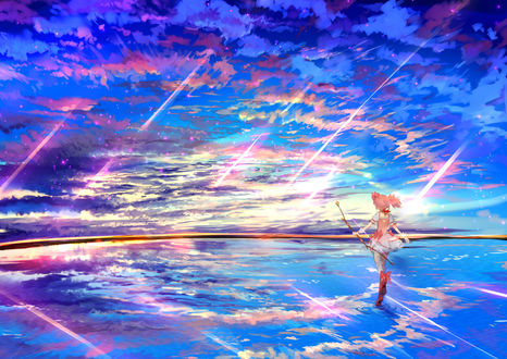 Обои на рабочий стол Kaname Madoka / Мадока Каномэ с луком в руке идет по воде в сторону заката, из аниме Mahou Shoujo Madoka Magica / Девочка-волшебница Мадока, художник Ume plumblossom