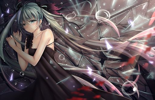 Обои на рабочий стол Грустная Hatsune Miku / Хатсуне Мику со слезами на глазах, вокруг нее летают осколки битого стекла и капли воды, художник Soulkiller