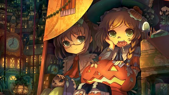 Обои на рабочий стол Kirisame Marisa / Кирисамэ Мариса с конфетой в зубах и светильником Джека / Jack Light на коленках, возле которой сидит Alice Margatroid / Элис Маргатроид с игры Touhou Project
