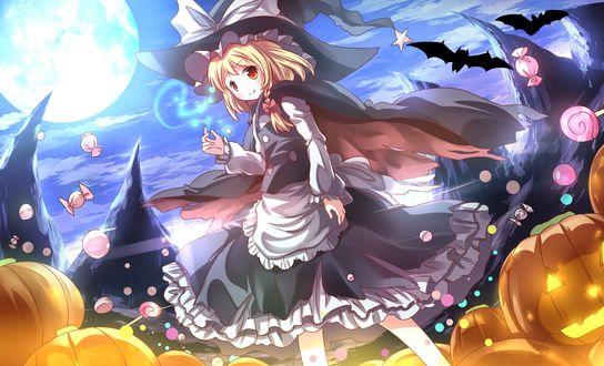 Обои на рабочий стол Marisa Kirisame / Мариса Кирисаме в наряде ведьмы, из серии компьютерных игр Тохо / Touhou Project, возле ее ног светильники Джека / Jack Light, повсюду летают конфеты, художник Risutaru