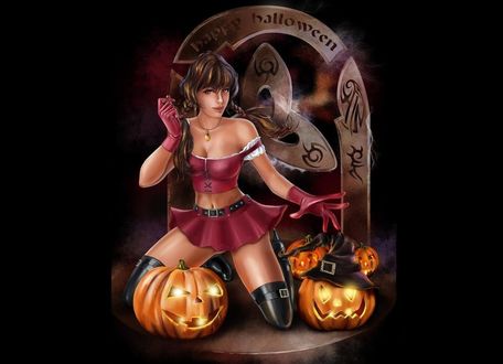 Обои на рабочий стол Happy Halloween, девушка со светильниками Джека / Jack Light, автор Lorri Kajenna