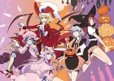 Обои на рабочий стол Арт из серии компьютерных игр Touhou Project / Проект Восток на тему празднования Хэллоуина / Halloween