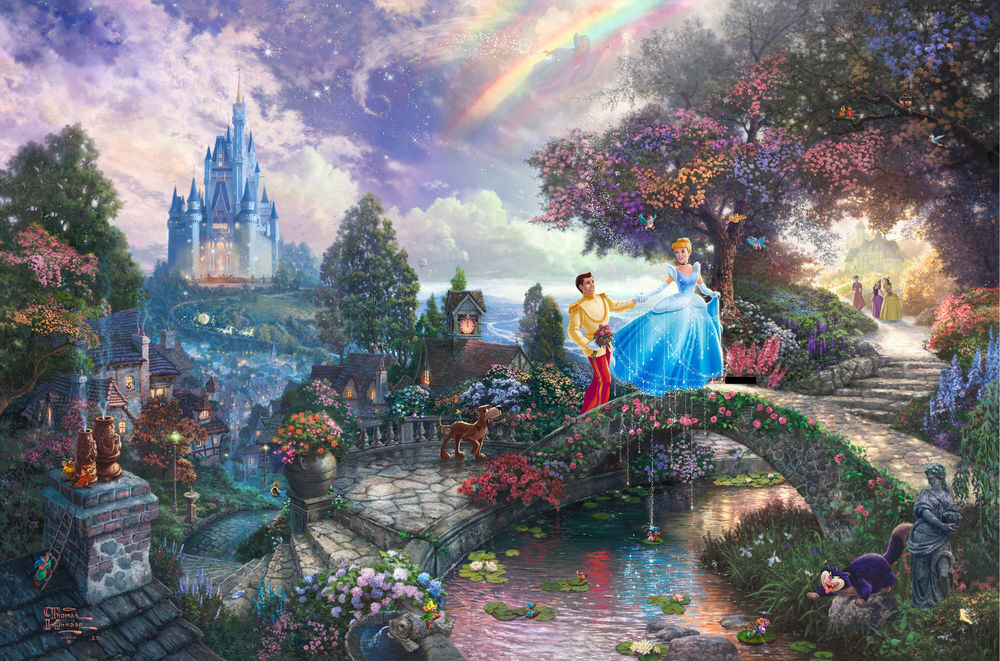 Обои для рабочего стола Сказка Золушка / Cinderella, Золушка идет с принцем по мосту чрез пруд, следом их верный пес, вокруг них сказочный сад с птичками, мышами и злым котом, вдалеке две сводные сестры и мачеха, художник Томас Кинкейд / Thomas Kinkade