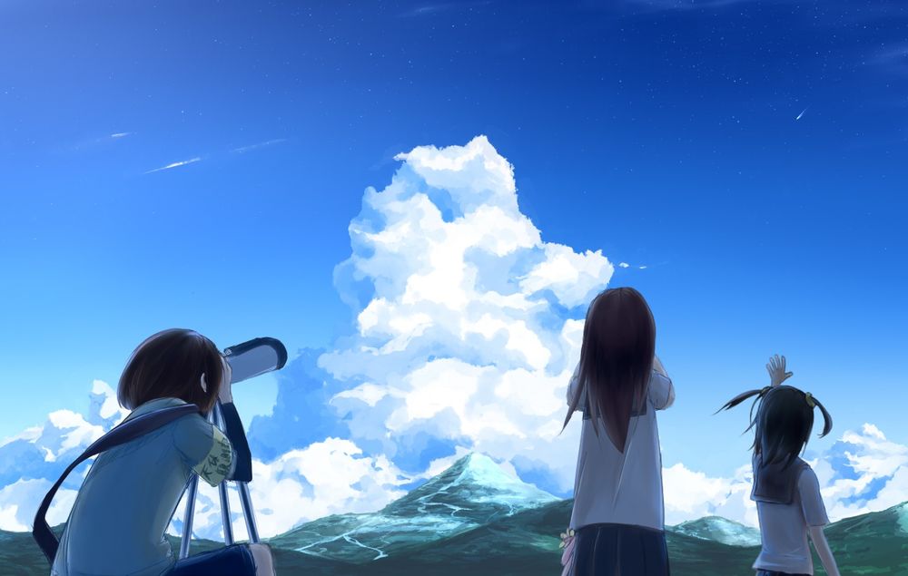 Обои для рабочего стола Девушка смотрит на звездопад через телескоп, рядом стоят еще две девушки и смотрят в небо