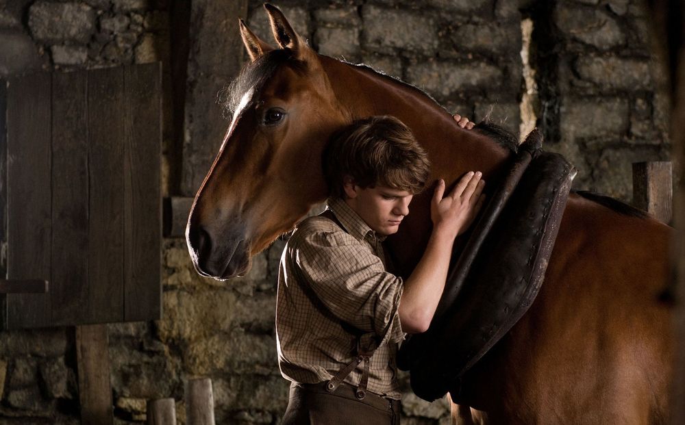Обои для рабочего стола Кадр из фильма Боевой конь / War Horse - Джереми Ирвин / Jeremy Irvine в роли Альберта / Albert обнимает коня Джоуи / Joey