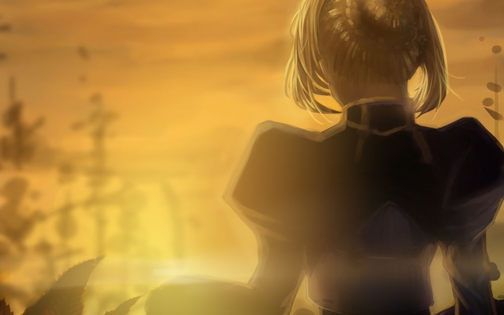 Обои для рабочего стола Сэйбер / Saber из аниме Судьба: Ночь Схватки / Fate Stay Night стоит повернувшись спиной на фоне заката