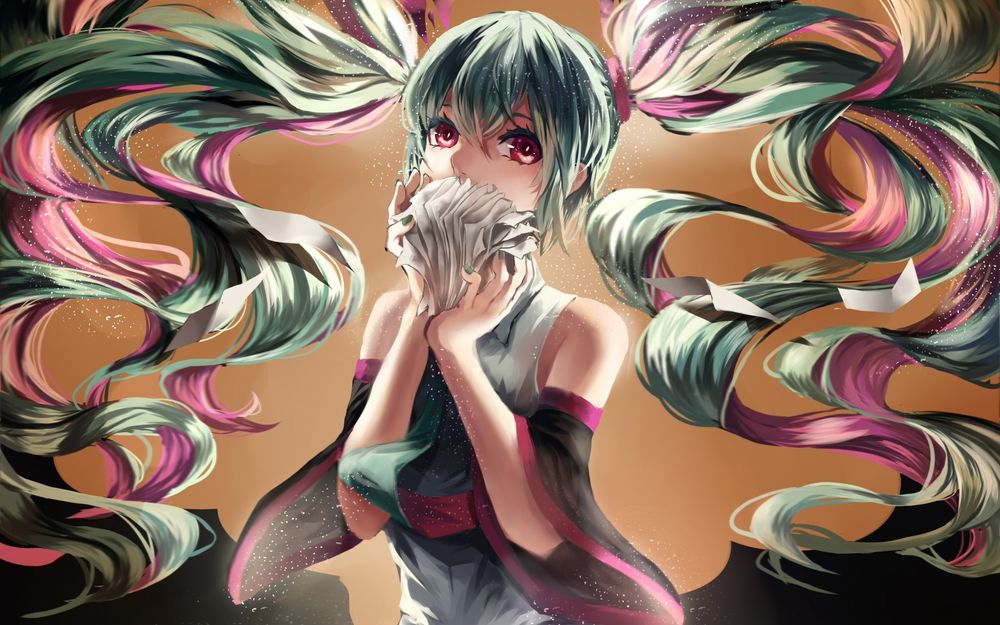 Обои для рабочего стола Vocaloid Hatsune Miku / Вокалоид Хатсуне Мику держит в руках стопку бумажек