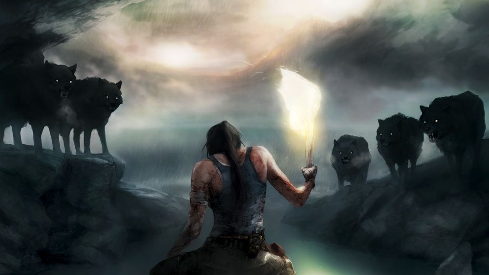 Обои для рабочего стола Лара Крофт / Lara Croft перебинтованная и вся в крови держит в руках факел, чтобы отогнать волков, арт к игре Расхитительница гробниц / Tomb Raider