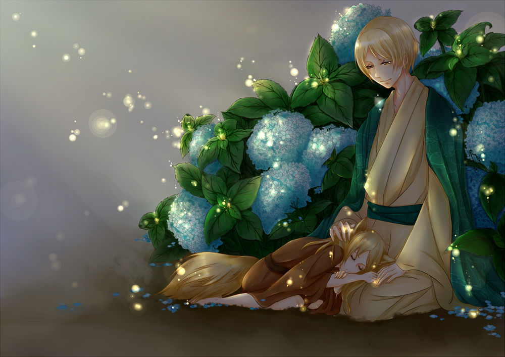 Обои для рабочего стола Natsume Takashi / Такаси Нацумэ из аниме Natsume’s Book of Friends / Natsume Yuujinchou / Тетрадь дружбы Нацумэ, со спящем на коленях лисенком