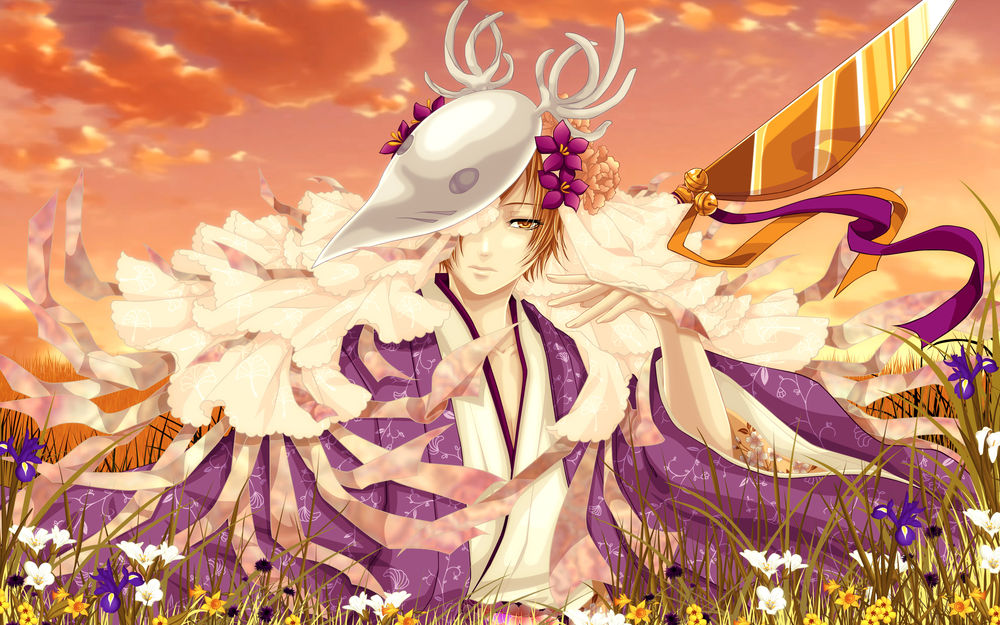 Обои для рабочего стола Natsume Takashi / Такаси Нацумэ из аниме Natsume’s Book of Friends / Natsume Yuujinchou / Тетрадь дружбы Нацумэ с маской на голове стоит среди цветов