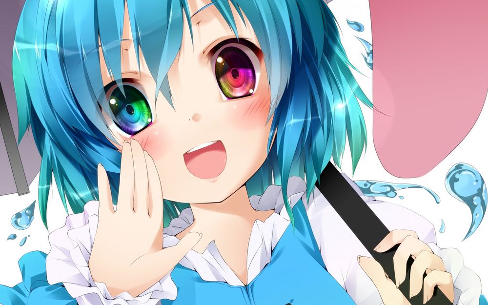 Обои для рабочего стола Tatara Kogasa с цветными глазами под зонтом из игры Touhou Project / Проект Восток