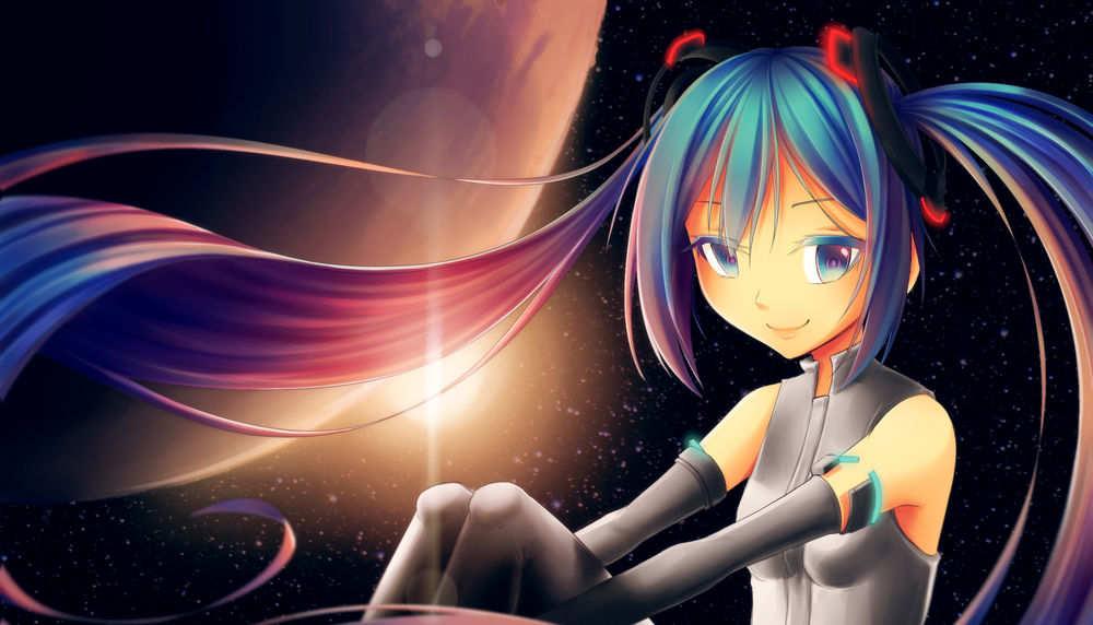 Обои для рабочего стола Vocaloid Hatsune Miku / Вокалоид Хатсуне Мику сидит на фоне космоса