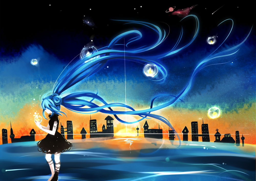 Обои для рабочего стола Vocaloid Hatsune Miku / Вокалоид Хатсуне Мику с фонариком в руках стоит в воде