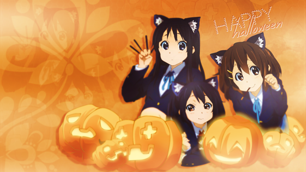 Обои для рабочего стола Юи Хирасава / Yui Hirasawa, Мио Акияма / Mio Akiyama, Адзуса / Azusa Nakano из аниме Кей-он! / K-On! сидят среди тыкв с неко-ушками (happy halloween)