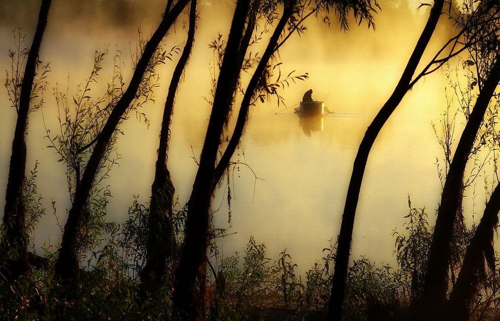 Обои для рабочего стола Рыбак, сидящий в лодке недалеко от берега реки на утренней зорьке с золотистыми лучами солнца, пробивающимися сквозь туманную мглу, стоящую над водоемом, фотография Сергея Шляга