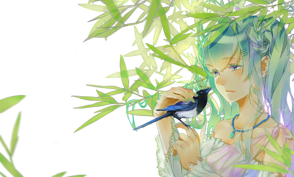 Обои для рабочего стола Vocaloid Hatsune Miku / Вокалоид Хатсуне Мику гладит птицу, сидящую у нее на руке