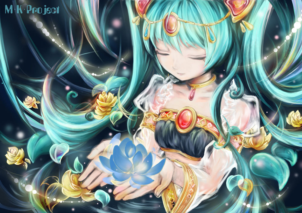 Обои для рабочего стола Vocaloid Hatsune Miku / Вокалоид Хатсуне Мику с цветком лотоса в руках