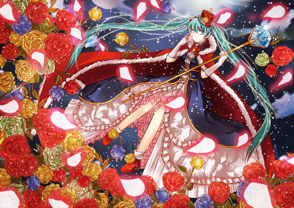 Обои для рабочего стола Vocaloid Hatsune Miku / Вокалоид Хатсуне Мику в короне со скипетром в руке стоит среди цветов на фоне ночного неба