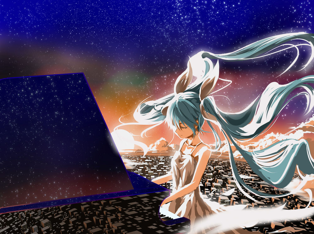 Обои для рабочего стола Vocaloid Hatsune Miku / Вокалоид Хатсуне Мику играет на пианино