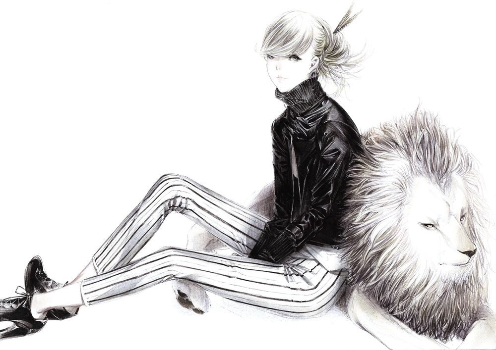 Обои для рабочего стола Девушка сидит рядом со львом, art by sawasawa