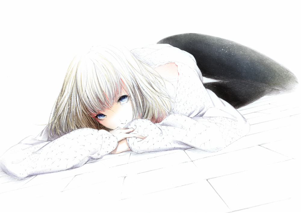 Обои для рабочего стола Светловолосая девушка лежит, art by sawasawa