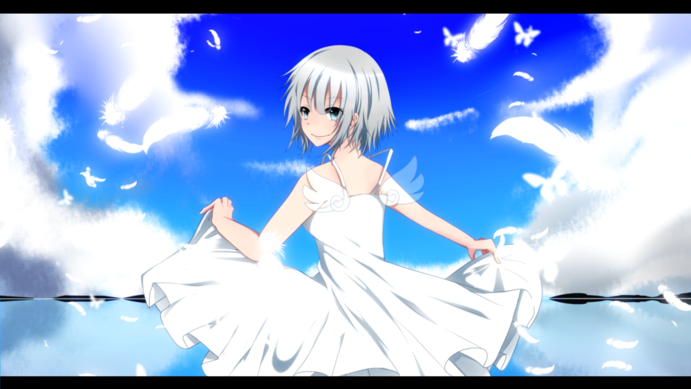 Обои для рабочего стола Девушка в белом платье стоит на фоне неба и моря
