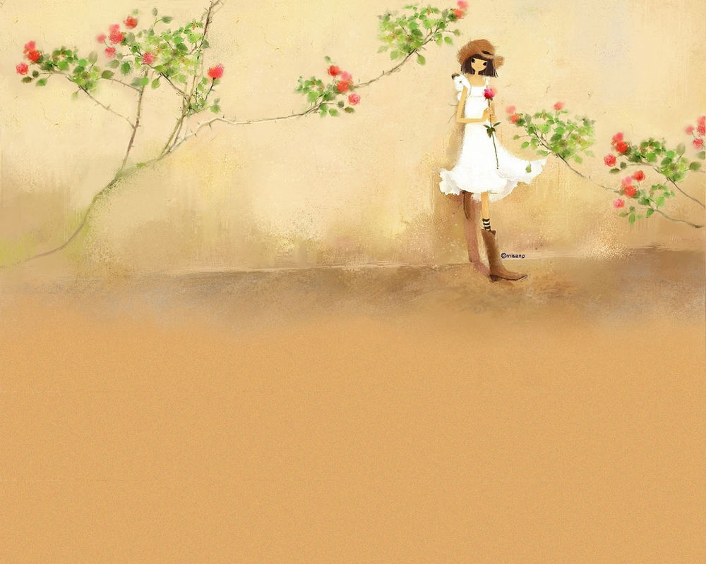 Обои для рабочего стола Девушка в белом платье стоит с розой в руках (misang)